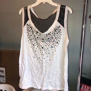 White tank with black mesh back and shoulders